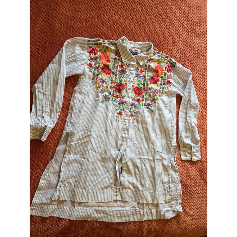 3J Workshop Johnny Was Embroidered Pinstripe Tunic Shirt  White XS 7501 floral
